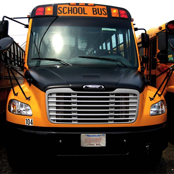 closeup of school bus by Fisher Bus Inc.